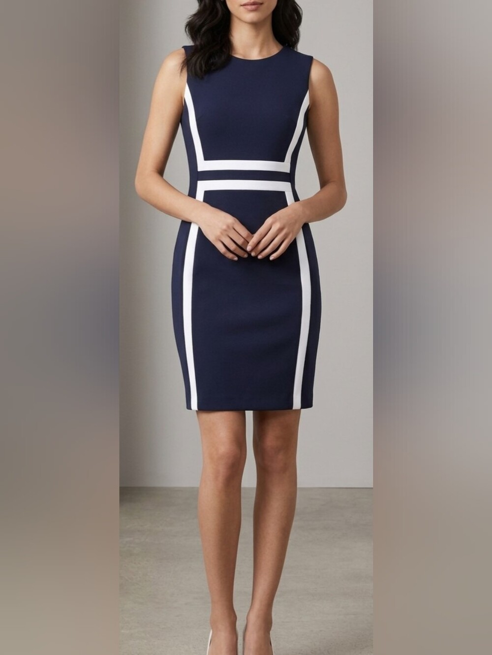Calvin Klein Navy and White Sleeveless Sheath Dress Classic Office Business 14